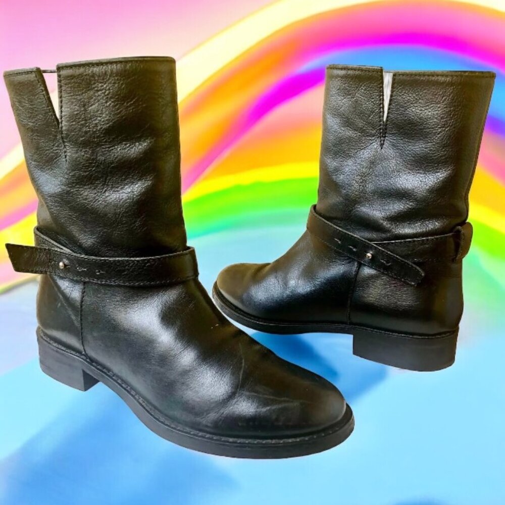 MADEWELL 1937 Biker Moto Boot Black Leather Pull On Ankle Strap Womens 7